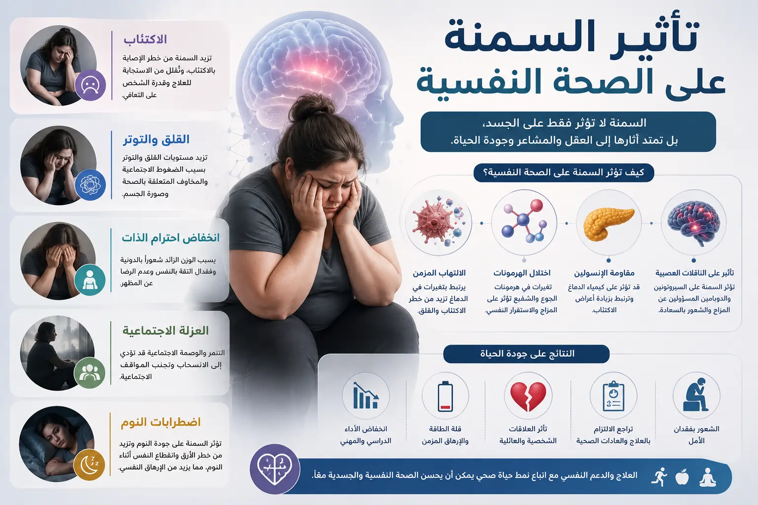 رسم توضيحي طبي يُظهر شخصًا يعاني من السمنة تبدو عليه علامات الحزن والضيق، مع رموز تمثل الدماغ والهرمونات والالتهاب والأنسولين، وأيقونات تشير إلى الاكتئاب والقلق واضطرابات النوم والعزلة الاجتماعية، في تصميم طبي يوضح تأثير السمنة على الصحة النفسية وجودة الحياة، دون وجود نصوص داخل الصورة.