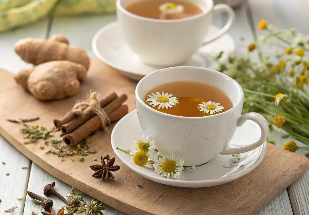 مجموعة من المشروبات العشبية الدافئة مثل شاي البابونج، الزنجبيل، واليانسون موضوعة على طاولة خشبية، تُستخدم كأفضل مشروبات لعلاج ارتجاع المرئ وتخفيف الحموضة بطريقة طبيعية في المنزل.