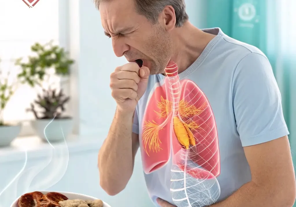 رسم توضيحي يُظهر شخصًا يعاني من كحة ارتجاع المريء، مع إبراز الجهاز الهضمي وارتداد الحمض نحو المريء والحلق، ويُوضح العلاقة بين السعال المزمن ومشكلة الارتجاع، بجانب رموز لأعشاب طبيعية مثل الزنجبيل والبابونج كمساعدة في العلاج.